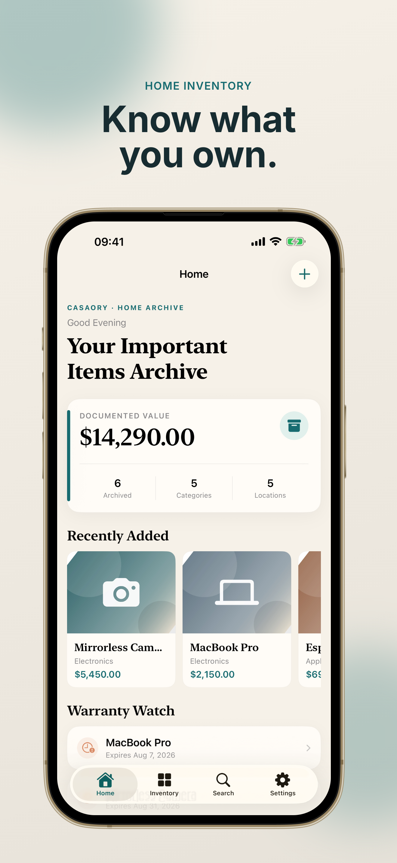 Casaory home archive overview showing total value and recent items
