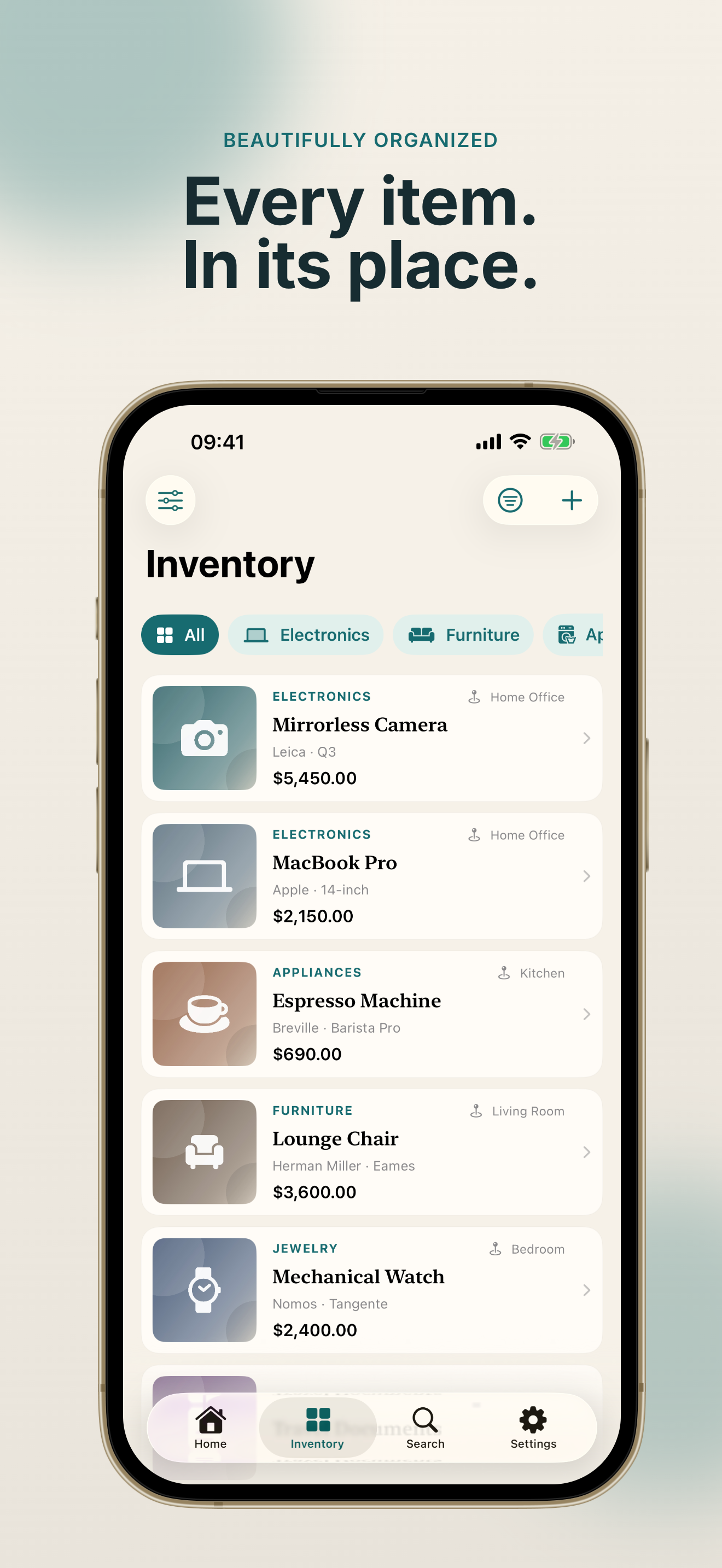 Casaory inventory list with categories and locations