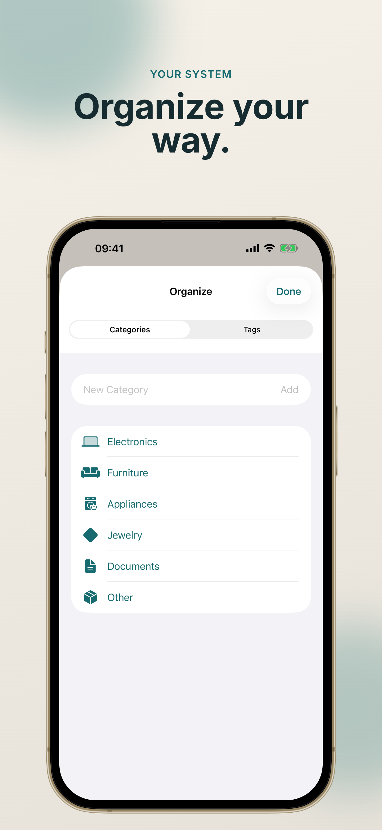 Casaory organization with custom categories and tags