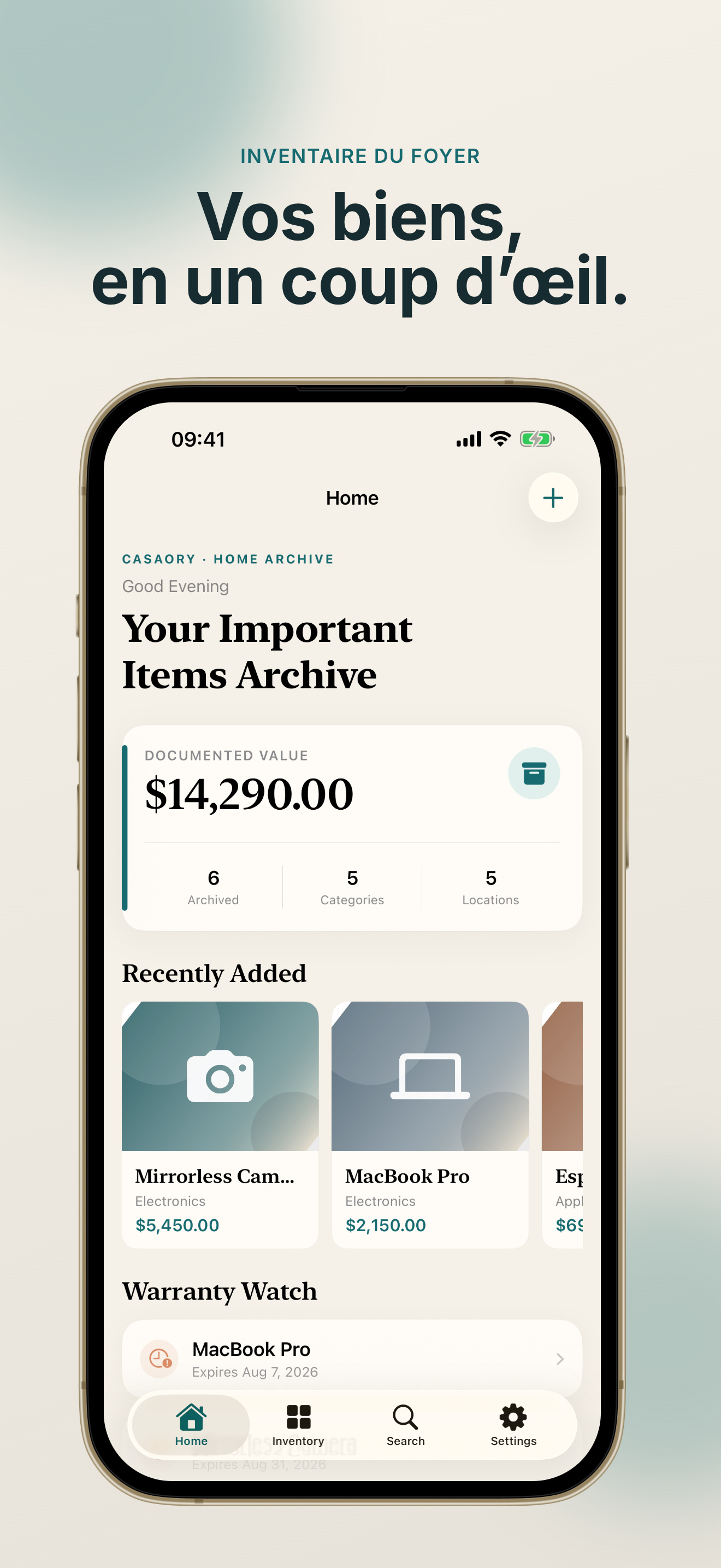 Aperçu de l'archive Casaory montrant la valeur totale et les articles récents