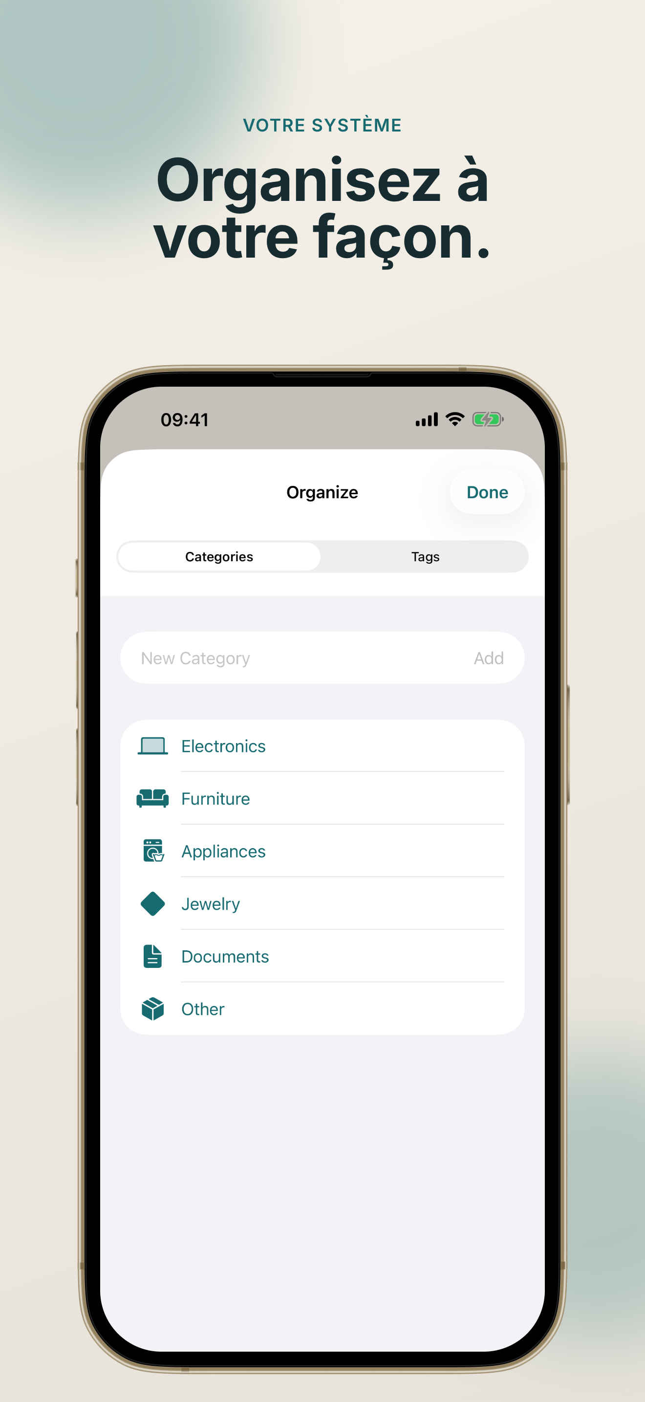 Organisation Casaory avec catégories et étiquettes personnalisées